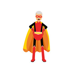 Super grandfather, senior man superhero wearing orange cape standing with hands on hip vector Illustration
