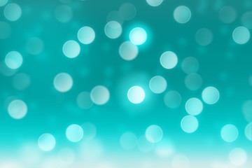 Falling snow on teal background with blurred circle bokeh, abstract background