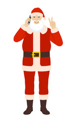 Santa Claus talking on the mobile phone and showing victory sign