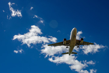 Naklejka na ściany i meble The plane on a background of blue sky and white clouds.
