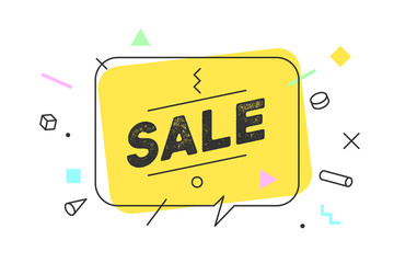 Banner Sale. Speech bubble, poster and sticker concept in memphis geometric style with text SALE. Icon message for banner, poster, web. Text for sale, discount, business theme. Vector Illustration