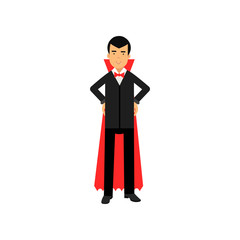 Vampire character posing with hands on a hip, Count Dracula wearing black suit and red cape vector Illustration