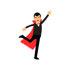 Vampire character attacking his prey, Count Dracula wearing black suit and red cape vector Illustration