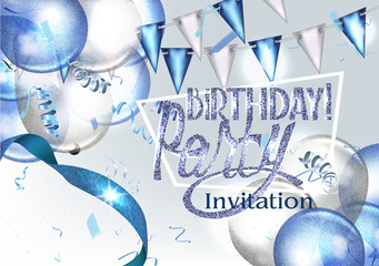 BIRTHDAY INVITATION BANNER WITH BLUE DECO ELEMENTS AND PARTY OBJECTS. VECTOR ILLUSTRATION