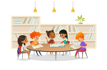 Group of children sitting around table at school library and listening to girl reading book out loud against bookcase or shelving on background. Cartoon vector illustration for banner, poster.