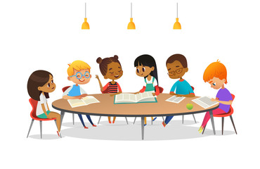 Boys and girls sitting around round table, studying, reading books and discuss them. Kids talking to each other at school library. Cartoon vector illustration for banner, poster, advertisement.