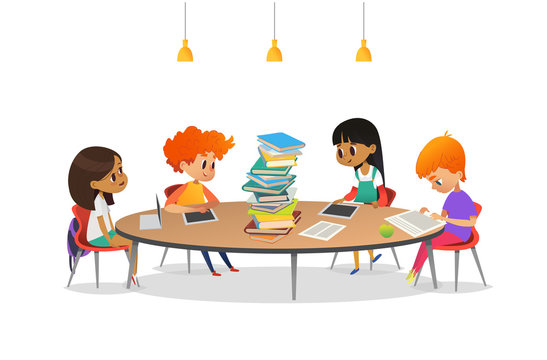 Group of school children sitting around circular table with large pile of books on it, reading and preparing for lesson. Multiracial kids at library. Modern vector illustration for banner, poster.