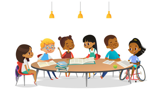 Smiling disabled girl in wheelchair and her school friends sitting around round table, reading books and talk to each other. Concept of inclusive activity. Cartoon vector illustration for banner.