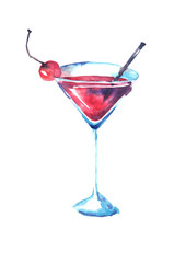 Watercolor drawing. Cocktail with a cherry. Martini, champagne, margarita in a transparent glass on a white isolated background. Watercolor illustration, logo.