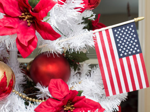 American Flag and Christmas Decorations in White Tree 2