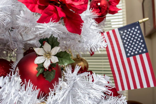 American Flag and Christmas Decorations in White Tree