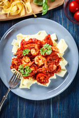 Pappardelle pasta with shrimp, tomatoes and herbs