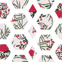 Fototapeta premium seamless pattern of colored flowers and leaves isolated on white background in hexagons
