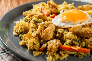 Fried rice nasi goreng with chicken egg and vegetables on a plate.