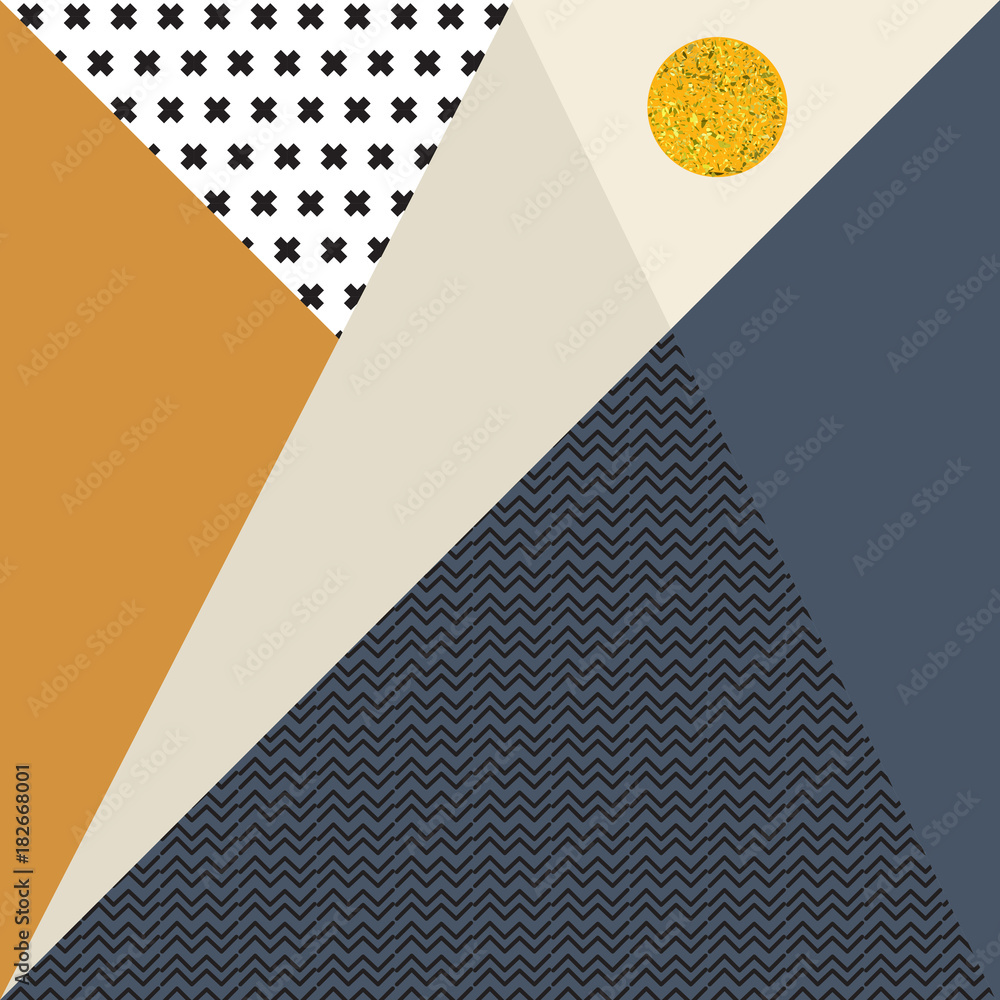 Poster Abstract vector geometric background with triangles, crosses, zig zags and a golden circle.