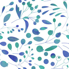 Vector seamless pattern with  stylized rowan tree berries and leaves. Hand drawn twigs and berries with watercolor texture .