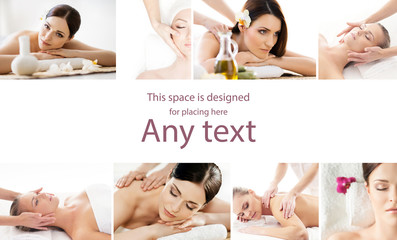 Obraz na płótnie Canvas Young, beautiful and healthy woman getting traditional oriental aroma therapy and massaging treatments. Girl relaxing in spa salon. Healthcare and medicine concept collage.