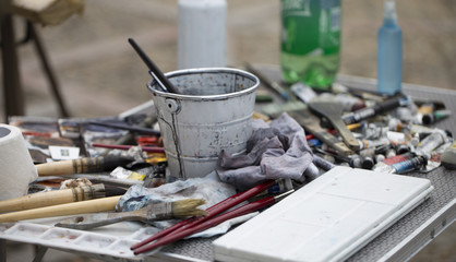 Close up of the paint brush of a painter	