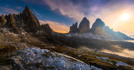 Alps Mountain landscape with night sky and Mliky way, Tre Cime di Lavaredo, Dolomites - obrazy, fototapety, plakaty