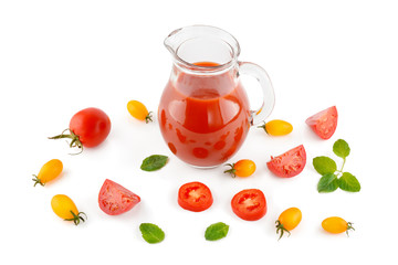 Fresh tomato juice isolated on white background. Flat lay,top view.