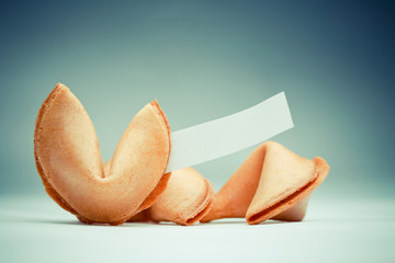 Image of Chinese cookies with wish on empty gray background.