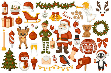 Set of Christmas characters and decorations on a white background. Santa Claus, elf, reindeer, bells, tree, balls, candles and other symbols of Christmas. Vector illustration.