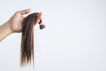Hand holding long hair donation for cancer patient