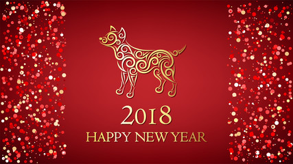 Happy New Year background with lettering, dog openwork silhouette and confetti dots lights. Gold gradient text on red ground. For greeting and congratulation cards, banner. Vector Illustration.