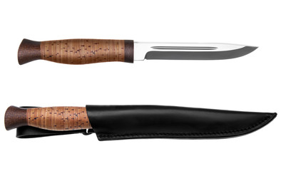 Hunting knife with wooden handle and leather case isolated on white