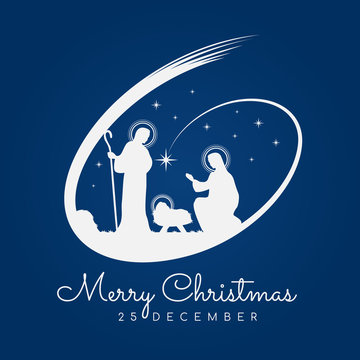 Merry Christmas banner sign with Nightly christmas scenery mary and joseph in a manger with baby Jesus and Meteor on blue background vector design