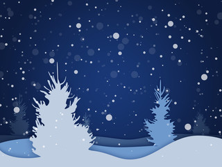 Vector winter night forest background with falling snow. Holiday landscape for Merry Christmas.