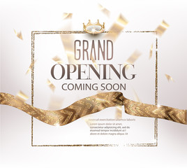Grand opening invitation banner with gold ribbons with pattern and confetti. Vector illustration