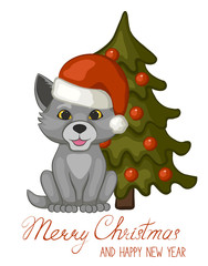 Cute wolf cub in a red Santa Claus hat near a Christmas tree on a white background. Merry Christmas and happy new year greeting card. The cartoon style. Vector illustration.