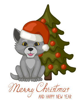 Cute wolf cub in a red Santa Claus hat near a Christmas tree on a white background. Merry Christmas and happy new year greeting card. The cartoon style. Vector illustration. © ksenica