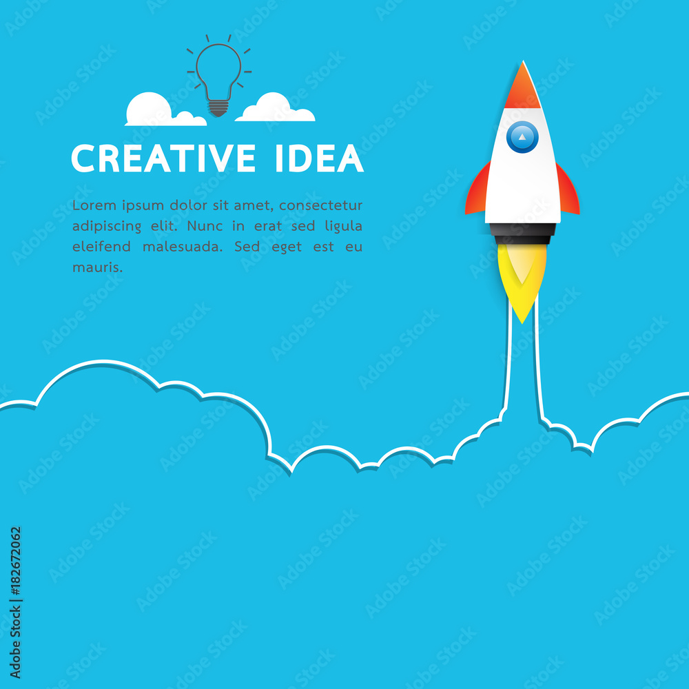 Poster creative idea with rocket ship icon.business start up concept paper art style design.vector illustra