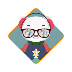 Badge of a cute hipster polar bear with an ugly Christmas sweater