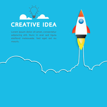 Creative idea with rocket ship icon.Business start up concept paper art style design.Vector illustration.