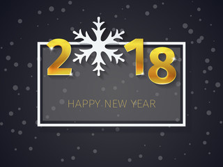 Fototapeta na wymiar 2018 Happy New Year gold 3D text with the frame on the Christmas dark flat background with falling snow. Greeting card, banner, invitation template. Clean and minimal black winter background. Vector.