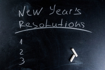 New years resolutions, blackboard background with chalk, copy space