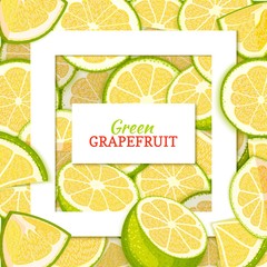 Square white frame and rectangle label on citrus green grapefruit background. Vector card illustration. Tropical fresh, juicy pomelo closely spaced background for design of packaging juice breakfast.