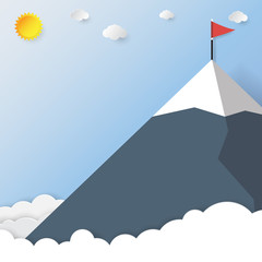 Mountain,red flag and blue sky.Business strategy to target concept design.Paper art style vector illustration.