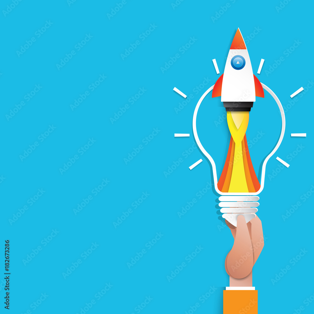 Poster hand holding light bulb and rocket ship icon.business start up concept paper art style design.vector