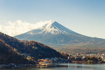 Landscape view of Fuji san mountain in Japan, Kawaguchiko lake with vintage color