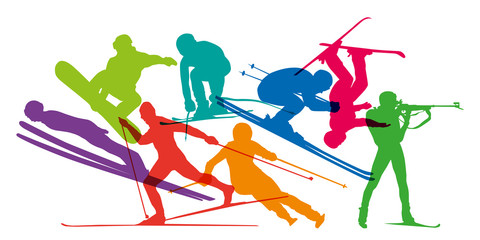 Naklejka premium ski - sports d’hiver - ski alpin - skier - ski de fond - snowboard - skieur - saut à ski - sport - silhouette