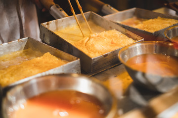 Cooking of tamagoyaki(Japanese eggs rolled omelet)