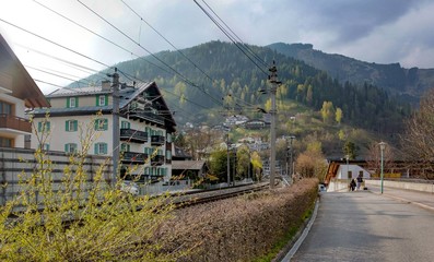 train rails in austrian alpine ski village
