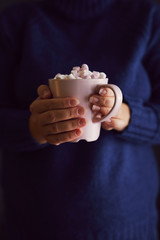 Female hands with pink mug of hot chocolate and marshmallow