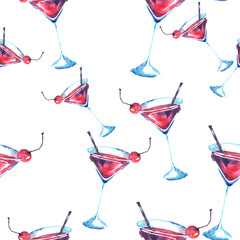 Seamless watercolor background with drinks, - cocktail, alcohol, juice, martini. Berry cherry, a transparent beautiful glass. Vintage background