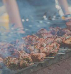 charcoal fried skewers impaled on the skewer, close up
