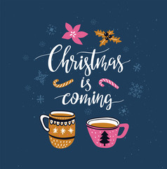 Naklejka premium Vector winter card with christmas cups of tea and lettering- ' winter is coming ' isolated on the blue background with snowflakes. Holiday poster.